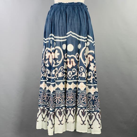 POLO by RALPH LAUREN Size 4 Blue White Cotton Abstract Floral Beaded Midi Skirt - Picture 3 of 7